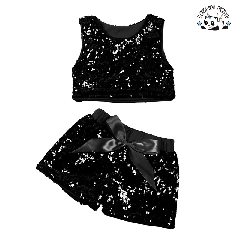 LEZONKIDS - Customizable Summer Girl's Sleeveless Sequins Tank Top Shorts Fashion Two Piece Top Shorts Suits